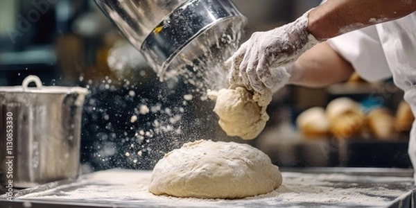 Fototapeta Kneading dough for bread in a professional setting, showcasing an industrial mixer designed for dough preparation. This image captures a crucial stage in the bread making process with dough.