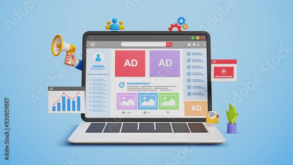 Fototapeta Digital marketing, online advertisement on social media, social media marketing strategies, ads and sales concept. 3D social media ads web page on laptop with marketing icons