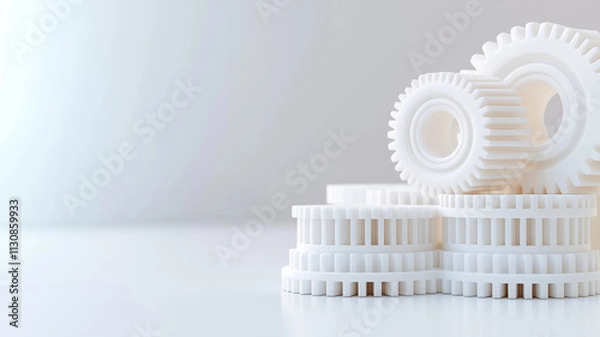 Fototapeta  White plastic gears stacked on smooth surface, showcasing intricate details and precision engineering. image highlights concept of mechanical innovation and industrial design