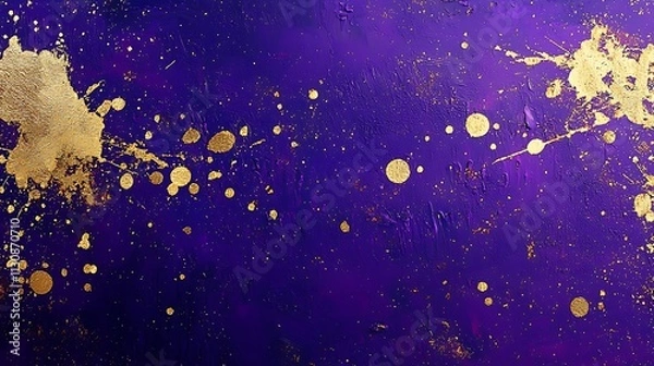Fototapeta Solid purple with gold gradient spots and paint splashes.