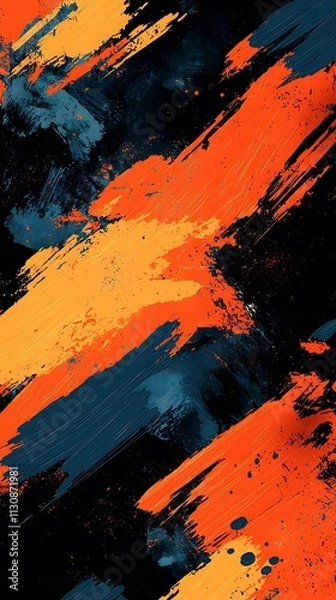 Fototapeta Vibrant orange and blue brush patterns on a black base.