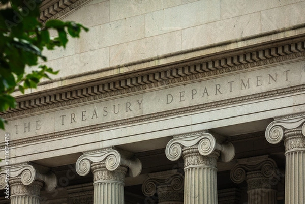 Fototapeta Facade of the US Treasury Department in Washington, DC, Close-up with Copy Space