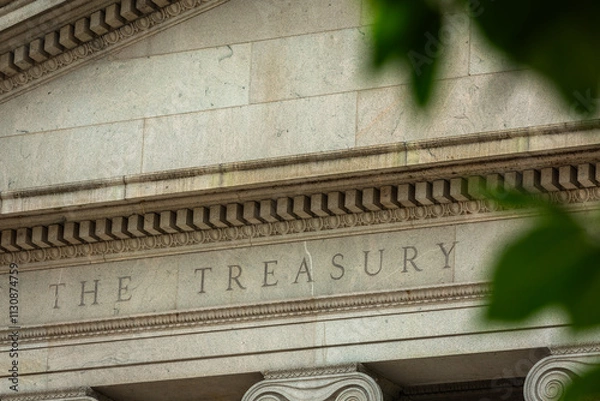 Fototapeta Facade of the US Treasury Department in Washington, DC, Close-up with Copy Space