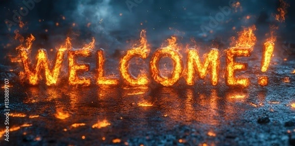 Obraz "Welcome!" text engulfed in vivid, fiery flames, creating a bold and dramatic visual effect 
