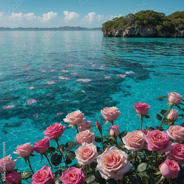 Fototapeta "A floating garden of pink and blue roses on an island surrounded by sparkling turquoise water."