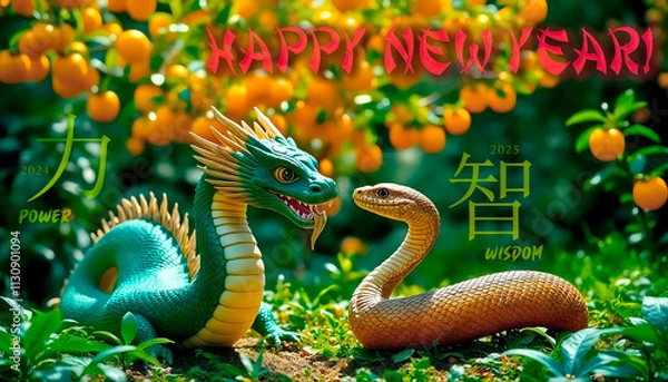 Fototapeta Eastern symbol of the new year. Chinese new year. Year of the green wood snake.