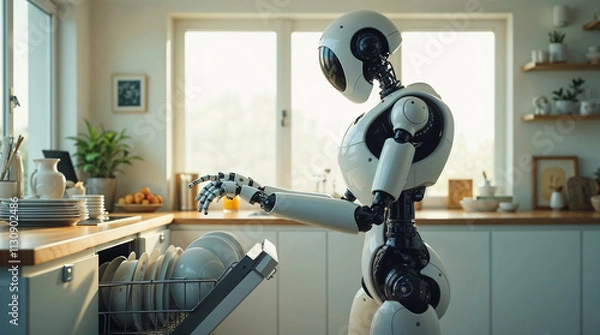Obraz Robot doméstico cargando un lavavajillas en una cocina moderna