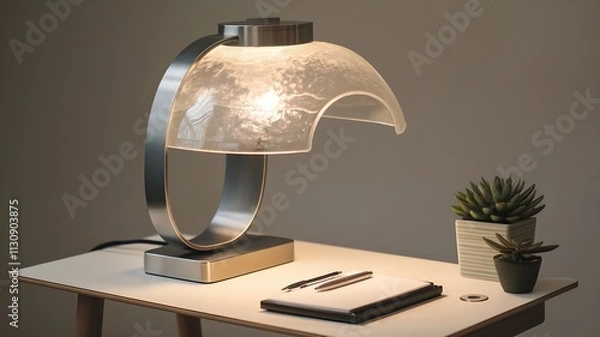 Fototapeta A modern lamp with an oversized shade on a small white desk