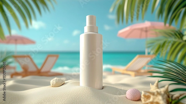 Fototapeta white empty bottle cosmetic container for cream. Cosmetic bottle mockup with the bottle cap slightly buried in the sand with umbrella ornaments and mini beach chairs with a tropical beach background. 
