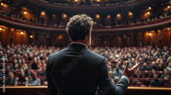 Obraz A preacher passionately gestures while delivering a sermon to a large audience in a megachurch