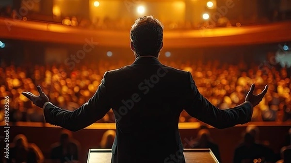 Obraz A preacher passionately gestures while delivering a sermon to a large audience in a megachurch