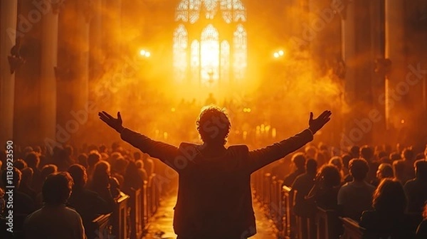 Obraz A preacher with raised hands worshiping in a church with a united crowd represents religion