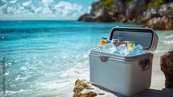 Obraz Portable beach cooler with an open lid, filled with refreshing drinks and ice packs, perfect for a day at the beach.