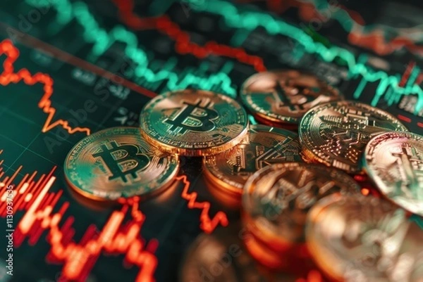 Fototapeta Investing in cryptocurrency like Bitcoin on exchange Monitoring exchange rates and price trends Bitcoin rise and fall charts