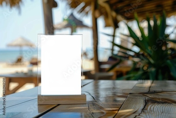 Obraz Label the menu frame in a bar with white sheet paper tent card on table with beach background for adding text or image