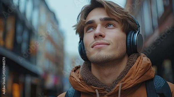 Obraz A young man listens to music while walking in the city, enjoying entertainment, podcasts, or meditation, a handsome and confident male student with stylish headphones