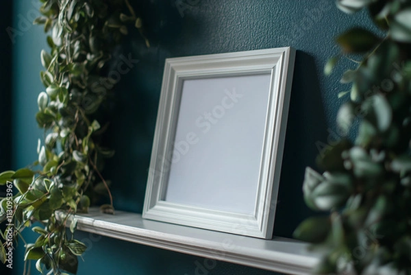 Fototapeta side angle view of a white 50x50 cm simple photo frame on a shelf, gothic room