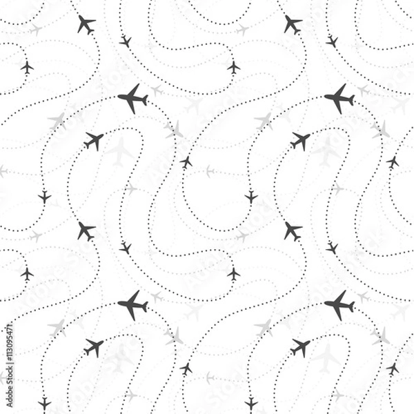 Fototapeta Airline routes with planes on white, seamless pattern