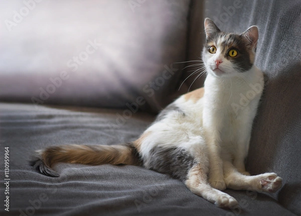 Obraz A tricolor cat sits on a gray sofa