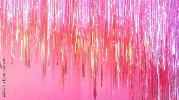 Fototapeta Pink holographic foil fringe, tinsel curtain for holidays party decoration. Sparkling background, neon trendy backdrop.