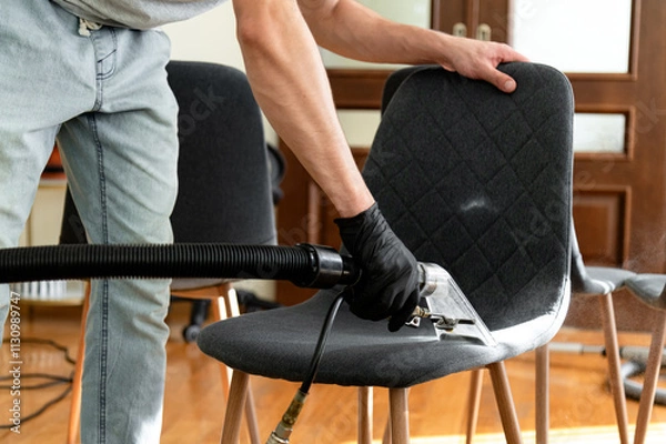 Fototapeta A person wearing gloves is using a vacuum attachment to clean the upholstery of a chair. The bright indoor setting showcases a tidy environment with natural lighting.