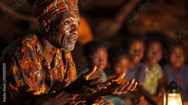 Obraz African Elder Sharing Wisdom: A Nighttime Gathering