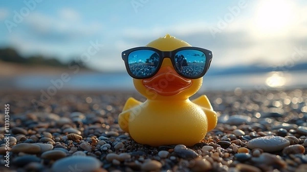 Obraz Cute yellow rubber duck wearing sunglasses on a beach, facing the camera, embodying a playful vacation atmosphere and summer fun.