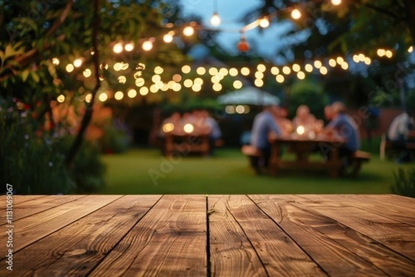 Fototapeta Wooden table in backyard at night with party blurred background