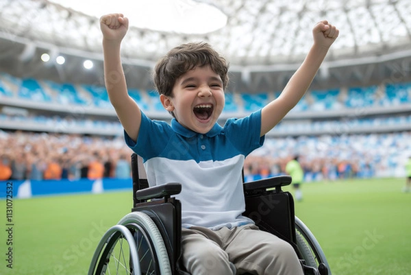 Fototapeta joyful child in wheelchair celebrates victory at sports event, raising his arms in excitement. stadium is filled with cheering fans, creating vibrant atmosphere