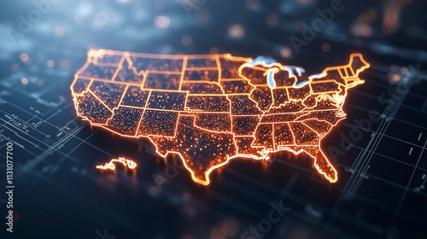 Fototapeta glowing orange map of United States, showcasing intricate details and digital aesthetic. map highlights various states with network of lights, creating modern and vibrant look