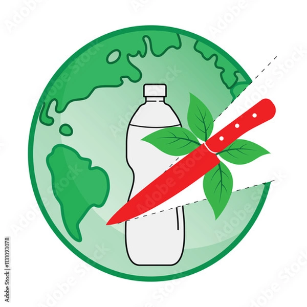 Obraz Eco-inspired artwork highlighting the urgency to cut plastic production for a sustainable future. Features a globe, plastic bottle, leaves, and a knife symbolizing action against pollution.