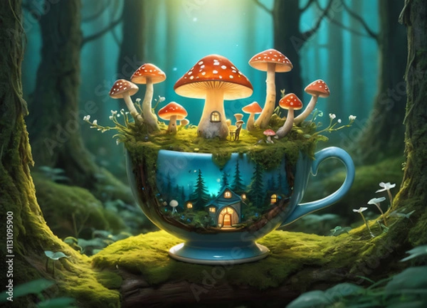 Obraz A teacup transforming into a miniature forest,  glowing mushrooms.