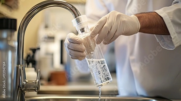 Obraz A man takes a water sample in the kitchen. Selective focus.