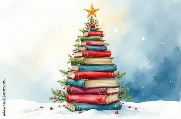 Fototapeta A Christmas tree made up of large books, decorated with fir branches and red balls stands on white snow. Drawing with paints, watercolors, pastel colors