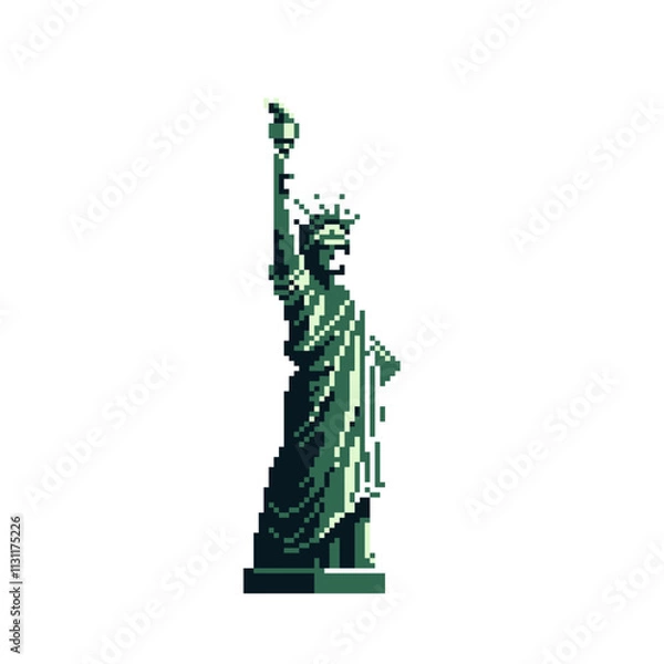 Fototapeta Liberty statue in New York city United States pixel art cartoon icon. Symbol of country USA. 8-bit. Popular landmark. Sticker design. Isolated abstract vector illustration. 