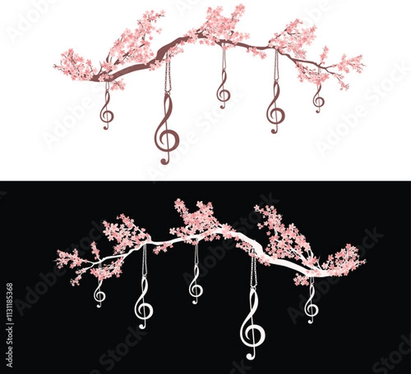 Obraz spring cherry tree branch and hanging treble clef decor - pink sakura flowers border for classical music festival vector design set