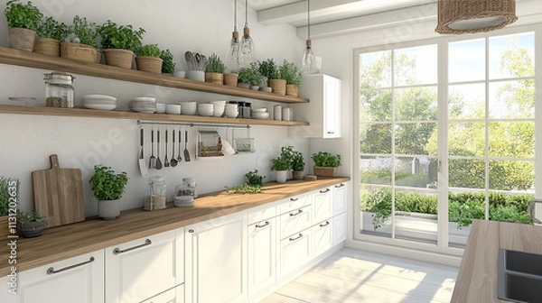 Fototapeta A bright Scandinavian kitchen with open shelving, white cabinets, wooden countertops, and potted herbs, creating a clean and functional cooking space. High details, modern and minimalist design.

