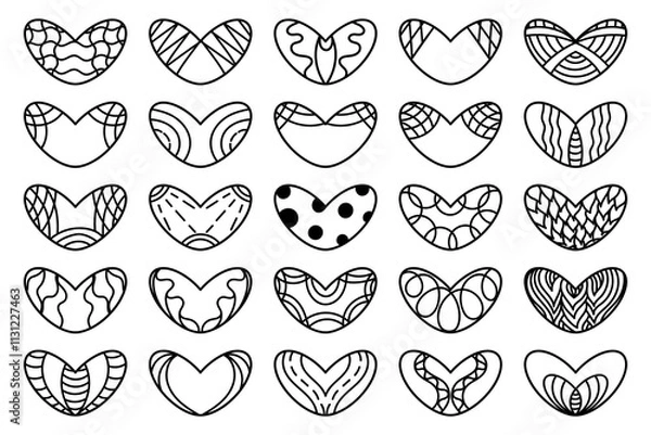 Obraz Set of 25 black and white heart shapes with graphic ornaments. Icons, coloring. Flat style design element. Symbol of love. Valentine.