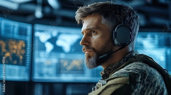 Obraz Military operator monitors multiple screens in a high-tech command center focused on strategy and operational efficiency