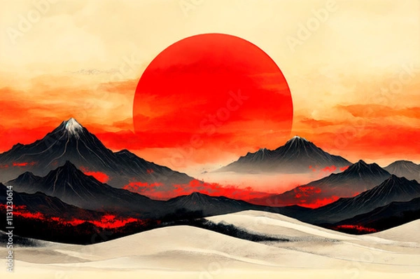Obraz Sunset over Japanese mountains with vibrant red hues and serene desert foreground.  .