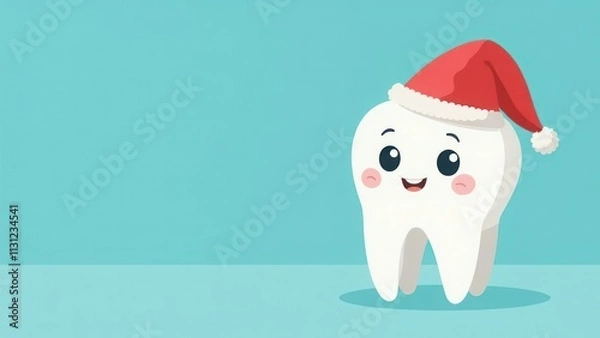 Fototapeta Cartoon tooth drawn on a turquoise background, smiling, wearing a santa hat, banner, space for text. Concept of Happy New Year and Merry Christmas in dentistry