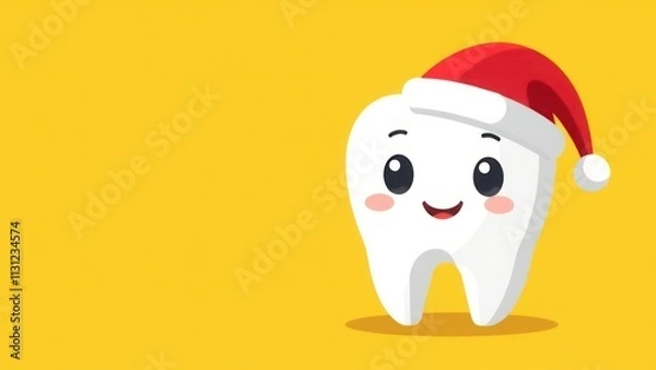 Fototapeta Tooth drawn on a yellow background, smiling, wearing a santa hat, banner, space for text. Concept of Happy New Year and Merry Christmas in dentistry