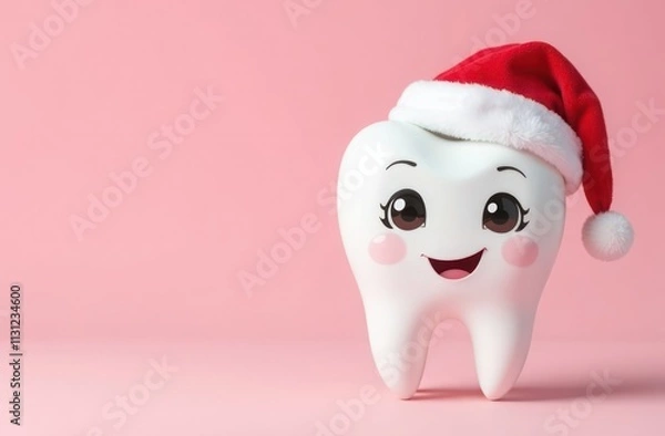 Fototapeta Cartoon tooth drawn on a pink background, smiling, wearing a santa hat, banner, space for text. Concept of Happy New Year and Merry Christmas in dentistry