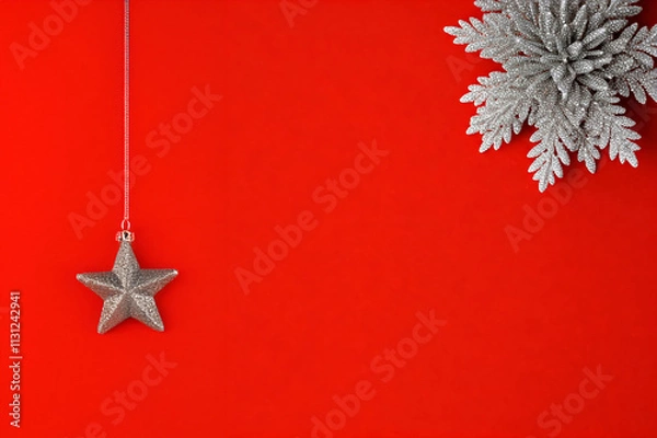 Obraz minimalist christmas design featuring a silver star ornament and frosted pine decoration on a bold red background. perfect for xmas, new year, holiday cards, and seasonal designs.
