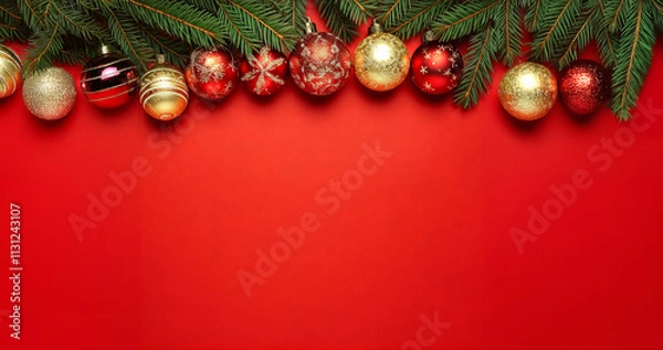 Obraz vibrant christmas design featuring red and gold ornaments hanging from pine branches against a bold red background. perfect for xmas, new year, holiday cards, banners, and seasonal decorations.