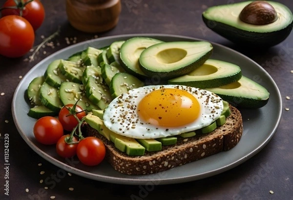 Fototapeta Toast with mashed avocado, plant-based scrambled eggs, tomatoes, ai.