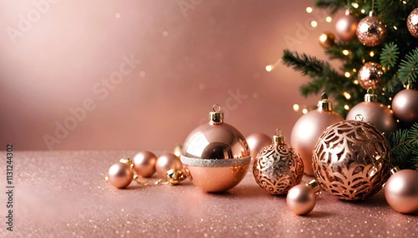 Obraz rose gold christmas ornaments with pine tree on sparkling festive background
