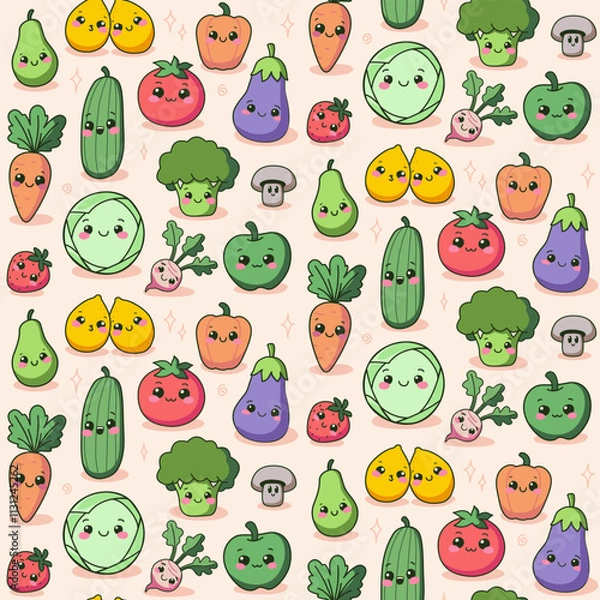 Fototapeta Fun vegetables and fruit pattern, seamless design