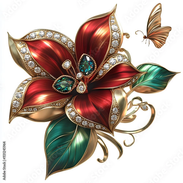 Fototapeta 3D red, green and gold diamond flower with golden leaves, diamonds encircling the flowers