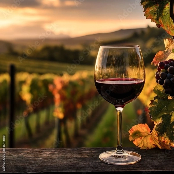 Obraz Pinotage red wine with a glass on a table with a vineyard background blurred out